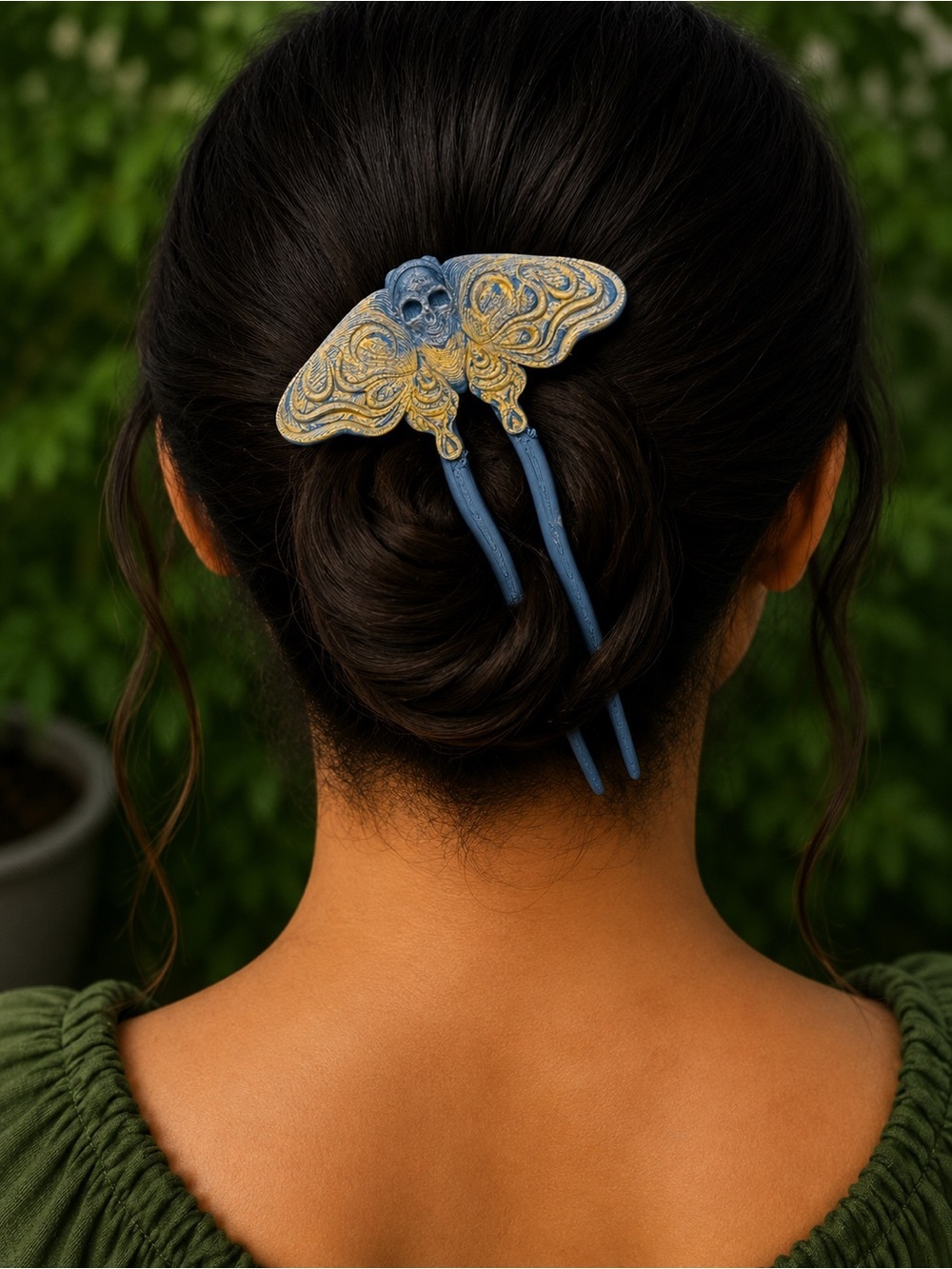 Gothic Moth Skull Hair Pin Blue & Gold Death Moth Fantasy Hair Accessory